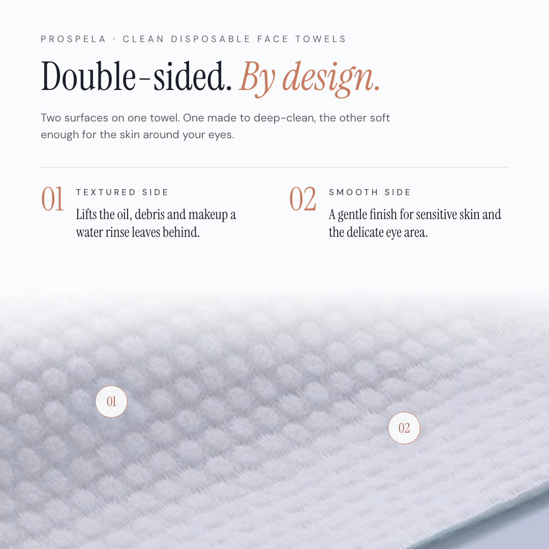 Prospela disposable face towel close-up: textured side lifts oil and makeup, smooth side gentle on sensitive skin and the eye area